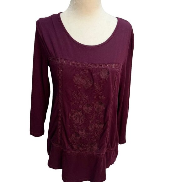 cable & Guage Burgundy 3/4 Sleeve Round Neck T-Shirt Top Size S - Picture 1 of 10
